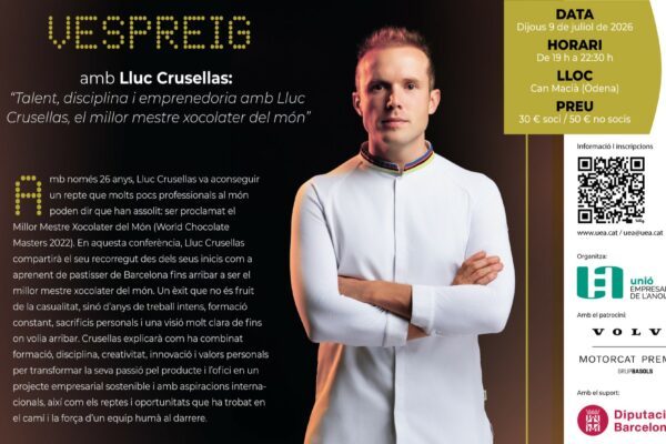UEA Joves porta el millor mestre xocolater del món, Lluc Crusellas, en una nova edició del Vespreig dedicada al talent, la disciplina i l’emprenedoria